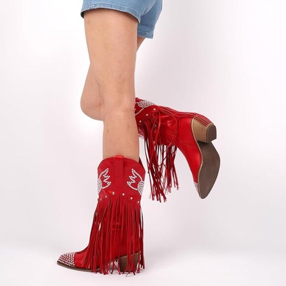 Shoes - Cowboy Boots for Women Red Cowgirl Boots with Fringe Rhinestone Hearts